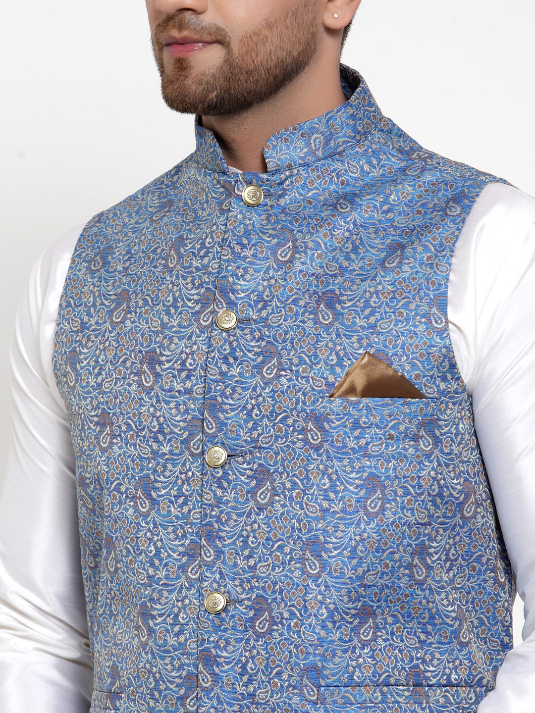 Jompers Men's Solid Dupion Kurta Pajama with Woven Jacqaurd Nehru Jacket (Blue)