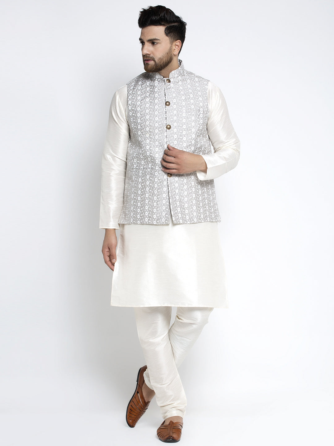 Jompers Men's Solid White Dupion Kurta Payjama with Embroidered Waistcoat (Grey)