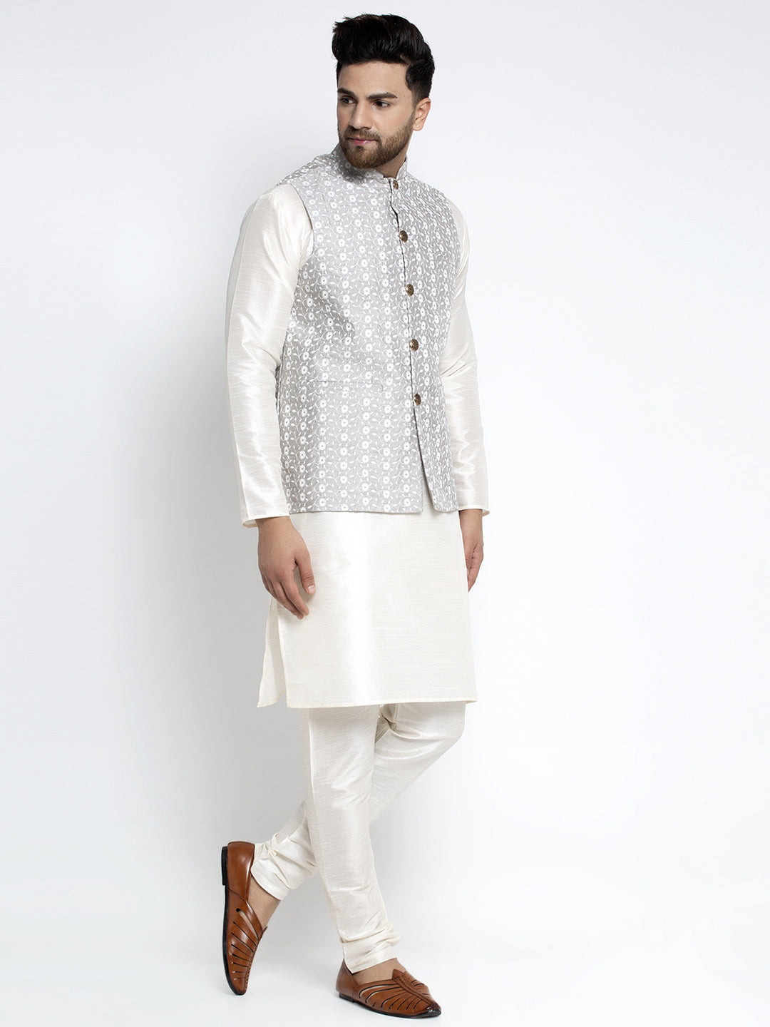 Jompers Men's Solid White Dupion Kurta Payjama with Embroidered Waistcoat (Grey)