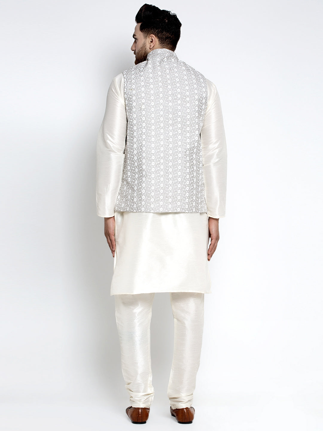 Jompers Men's Solid White Dupion Kurta Payjama with Embroidered Waistcoat (Grey)
