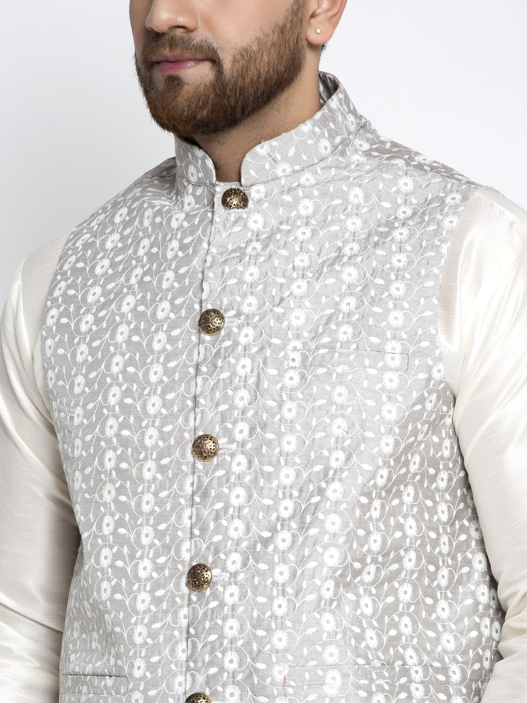 Jompers Men's Solid White Dupion Kurta Payjama with Embroidered Waistcoat (Grey)