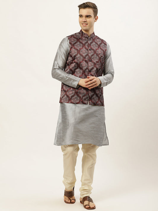 Jompers Men's Printed Nehru Jacket and Kurta Pyjama Set - Maroon