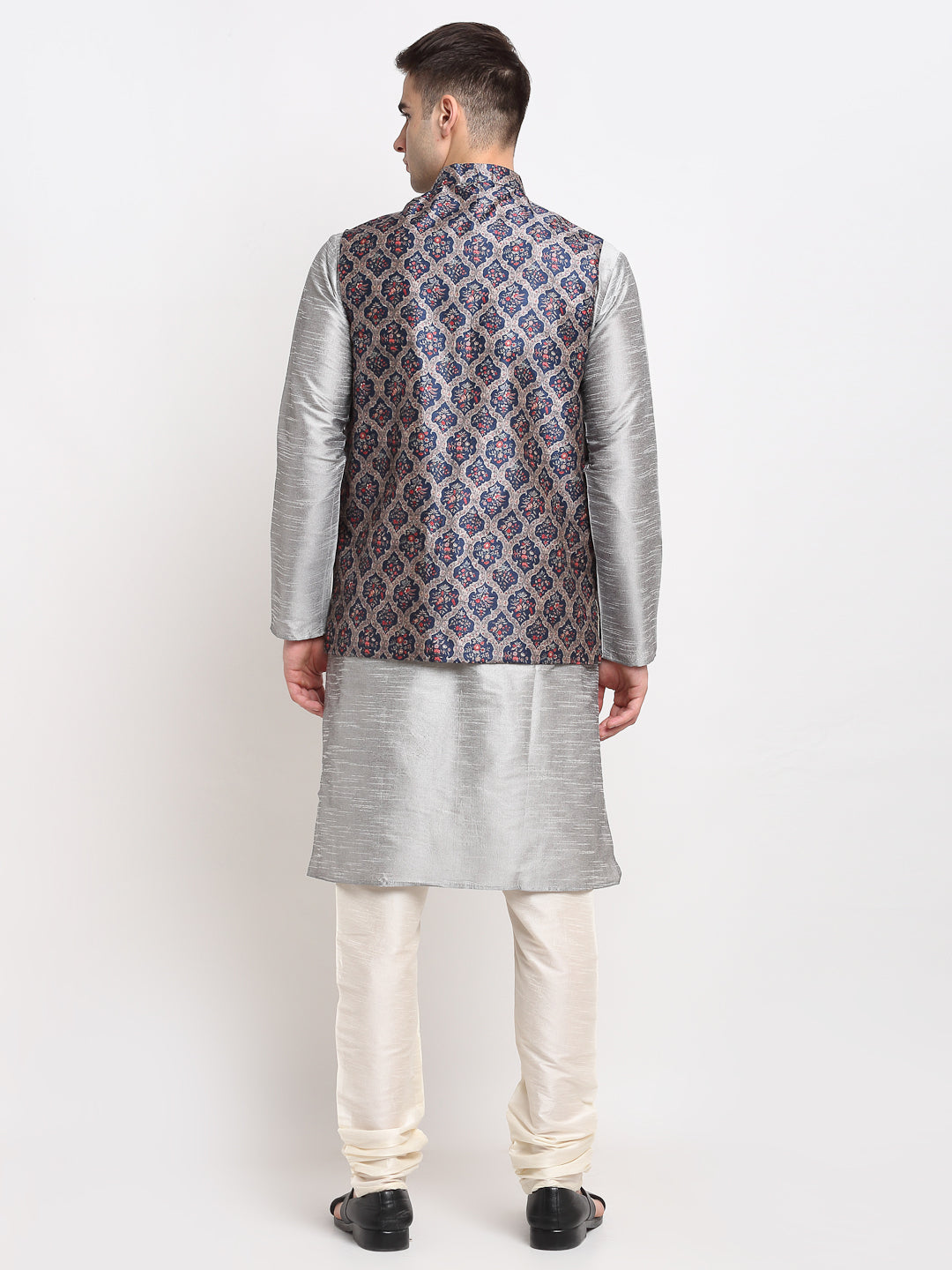 Jompers Men's Silver Dupion Silk Kurta with Churidar &Nehru Jacket(Grey)