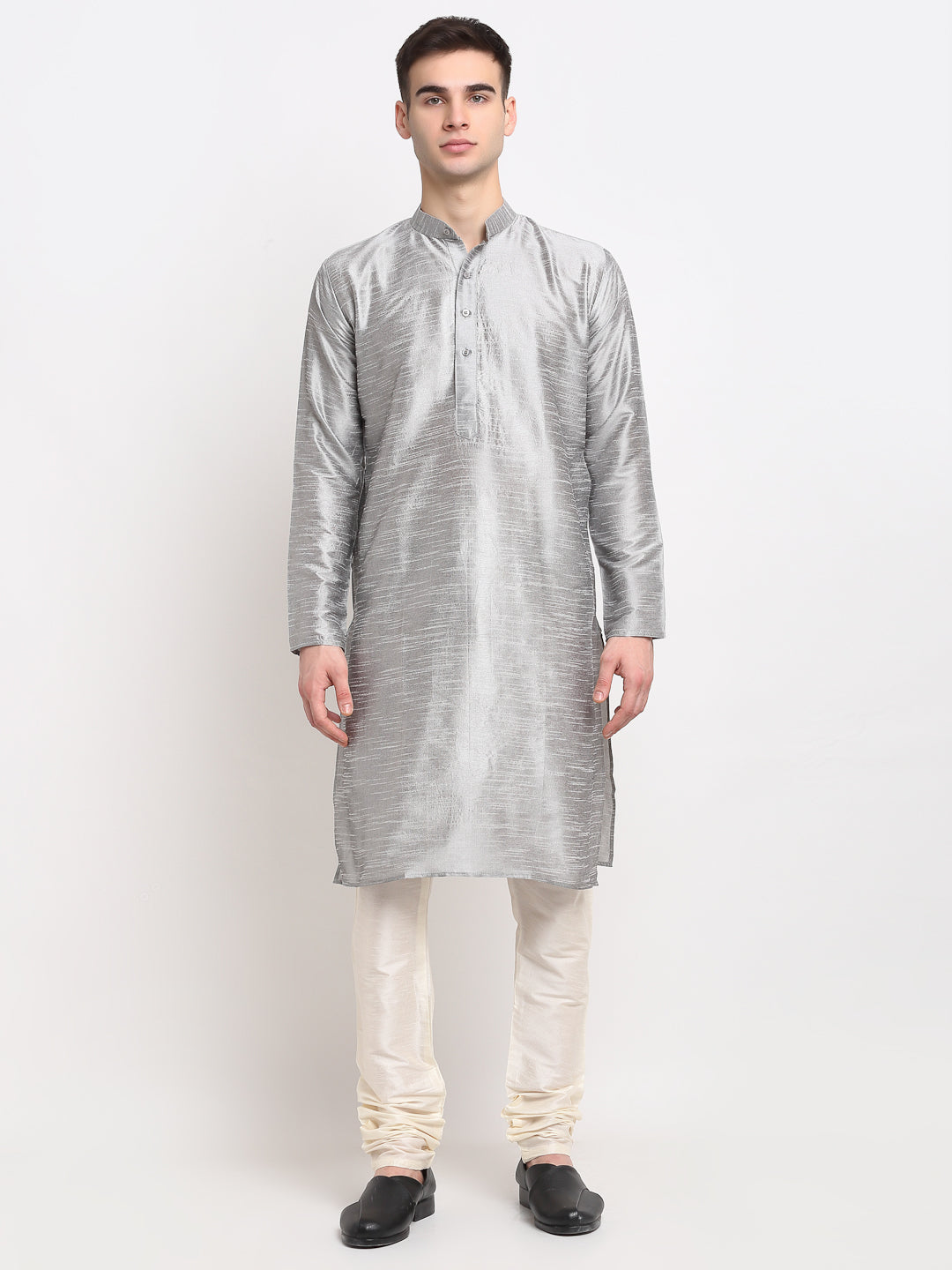 Jompers Men's Silver Dupion Silk Kurta with Churidar &Nehru Jacket(Grey)