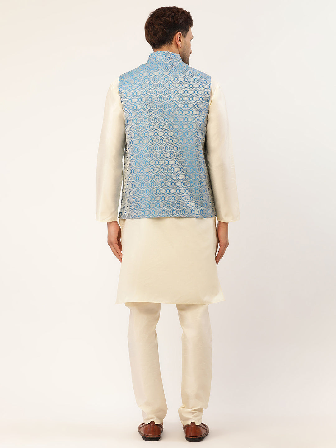 Jompers Men's Woven Design Nehru Jacket and Kurta Pyjama Set - Sky Blue