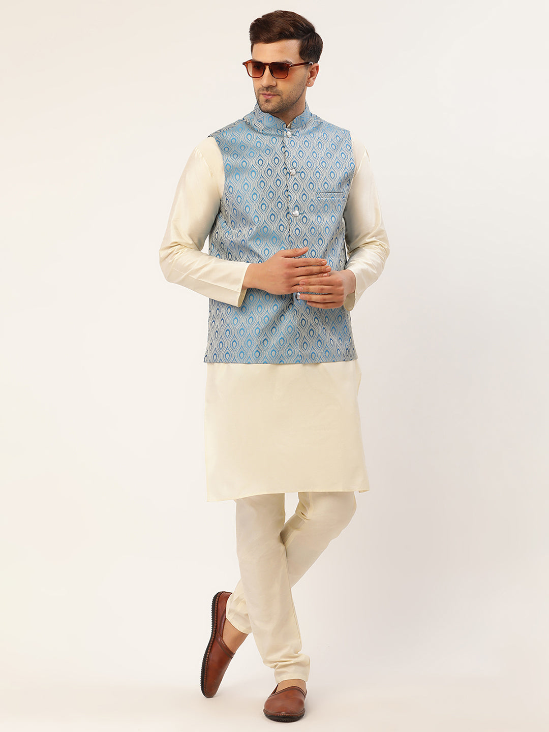 Jompers Men's Woven Design Nehru Jacket and Kurta Pyjama Set - Sky Blue