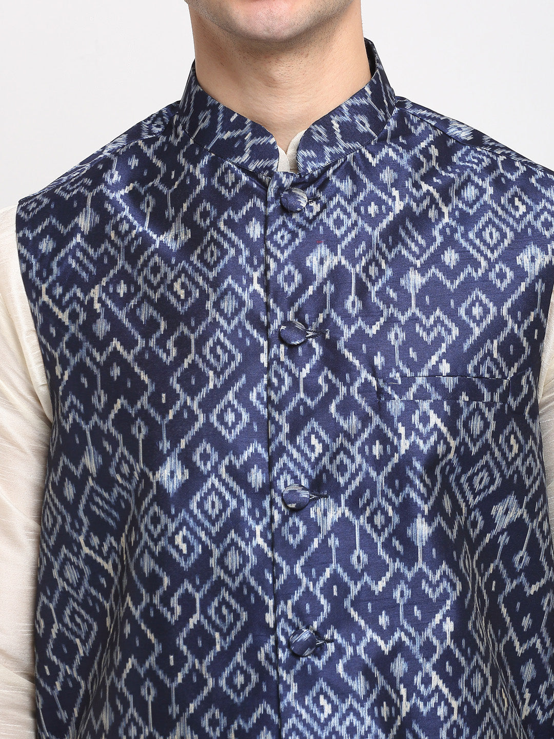 Jompers Men's Off-white Dupion Silk Kurta with Churidar&Nehru Jacket(Blue)