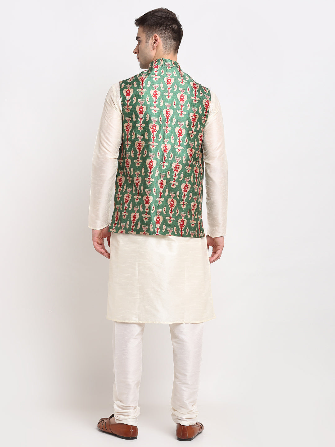Jompers Men's Off-white Dupion Silk Kurta with Churidar & Nehru Jacket (Green)