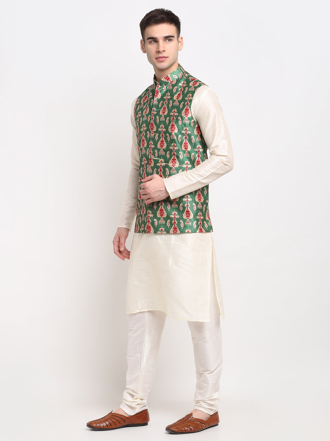 Jompers Men's Off-white Dupion Silk Kurta with Churidar & Nehru Jacket (Green)