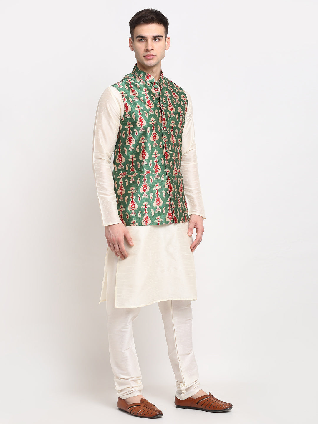 Jompers Men's Off-white Dupion Silk Kurta with Churidar & Nehru Jacket (Green)