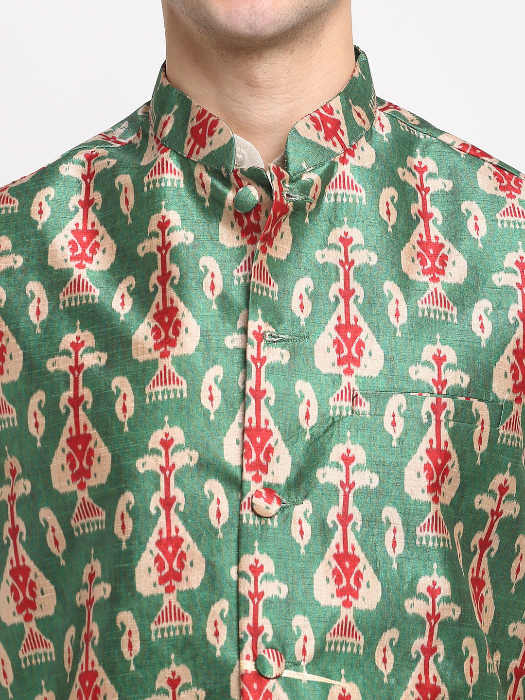 Jompers Men's Off-white Dupion Silk Kurta with Churidar & Nehru Jacket (Green)