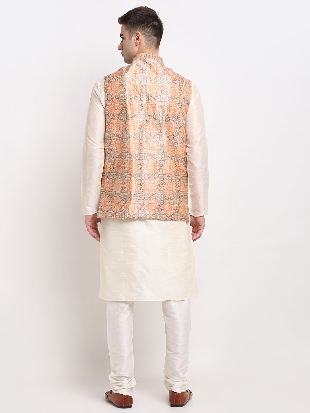 Jompers Men's Off-white Dupion Silk Kurta with Churidar & Nehru Jacket(Peach-Purple)