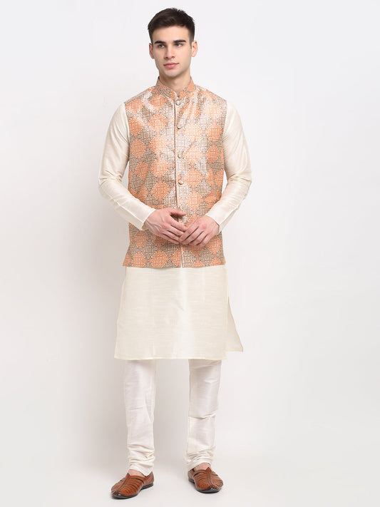 Jompers Men's Off-white Dupion Silk Kurta with Churidar & Nehru Jacket(Peach-Purple)