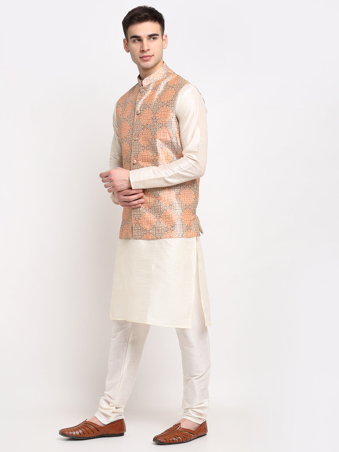 Jompers Men's Off-white Dupion Silk Kurta with Churidar & Nehru Jacket(Peach-Purple)