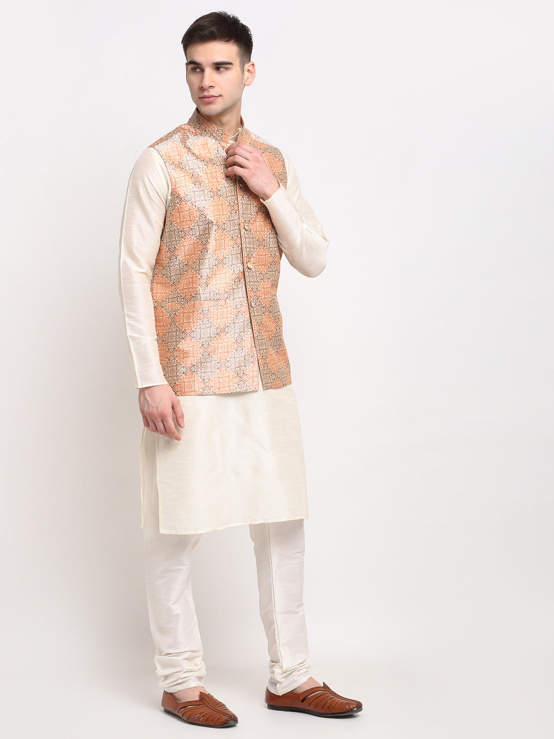 Jompers Men's Off-white Dupion Silk Kurta with Churidar & Nehru Jacket(Peach-Purple)