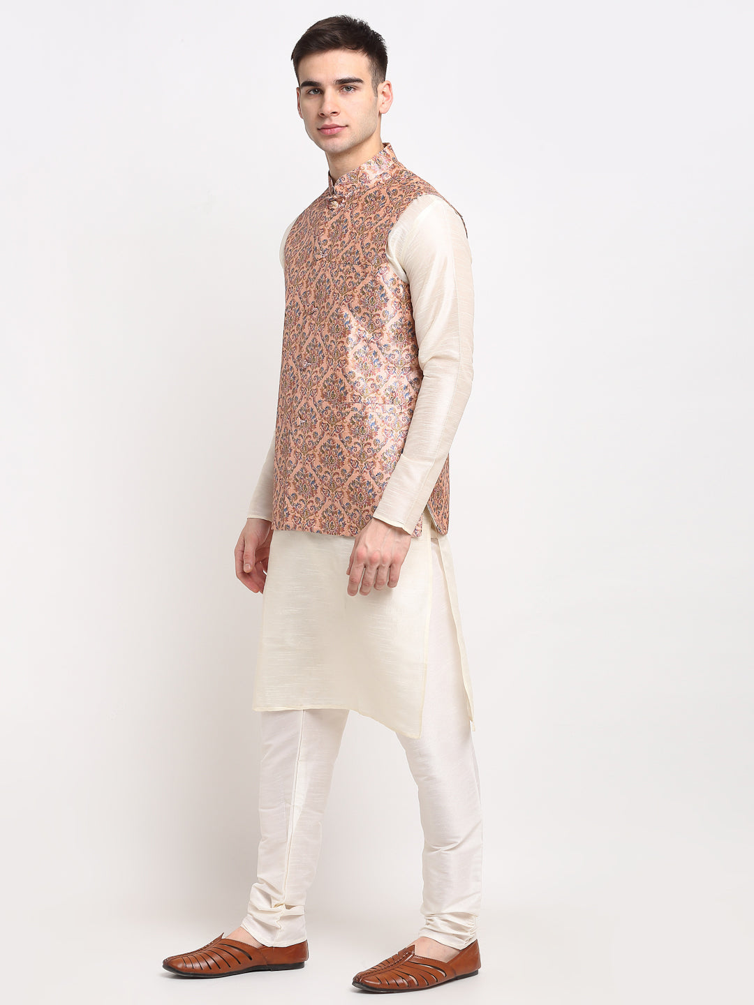 Jompers Men's Off-white Dupion Silk Kurta with Churidar & Nehru Jacket (Peach)