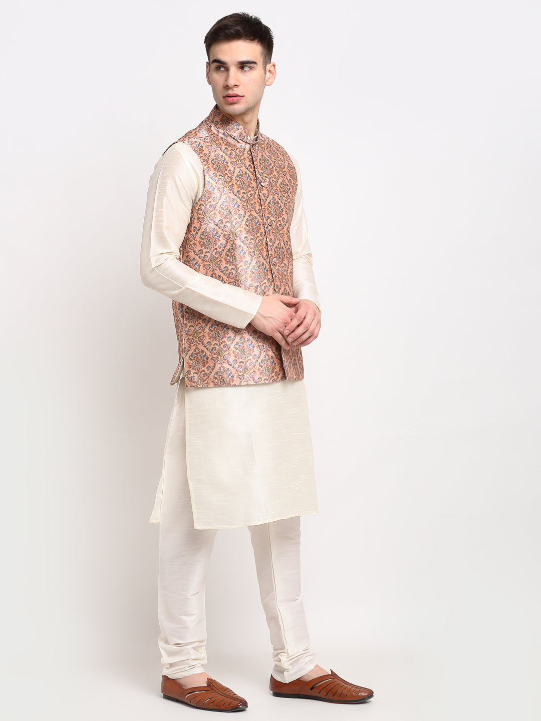 Jompers Men's Off-white Dupion Silk Kurta with Churidar & Nehru Jacket (Peach)