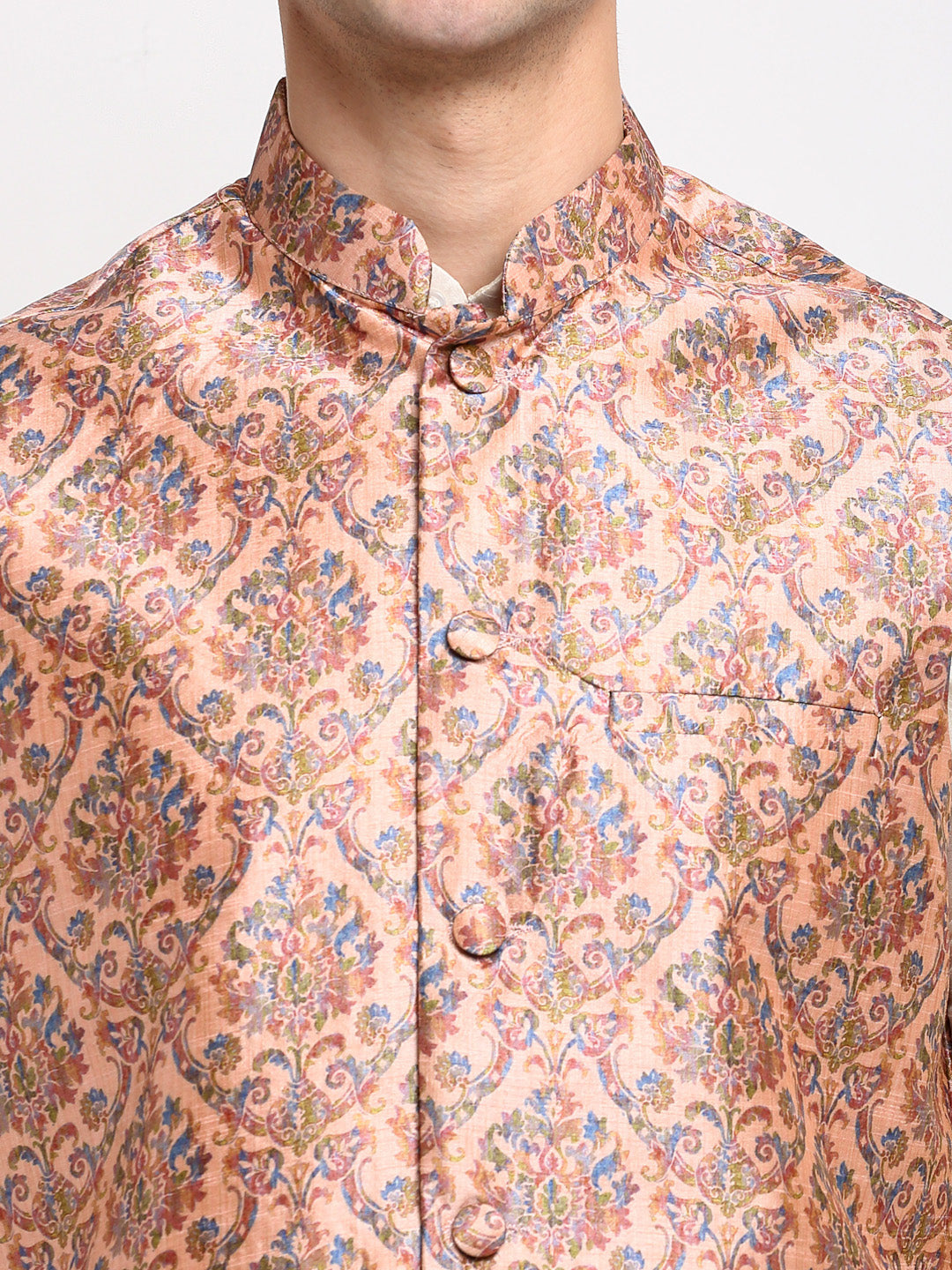 Jompers Men's Off-white Dupion Silk Kurta with Churidar & Nehru Jacket (Peach)