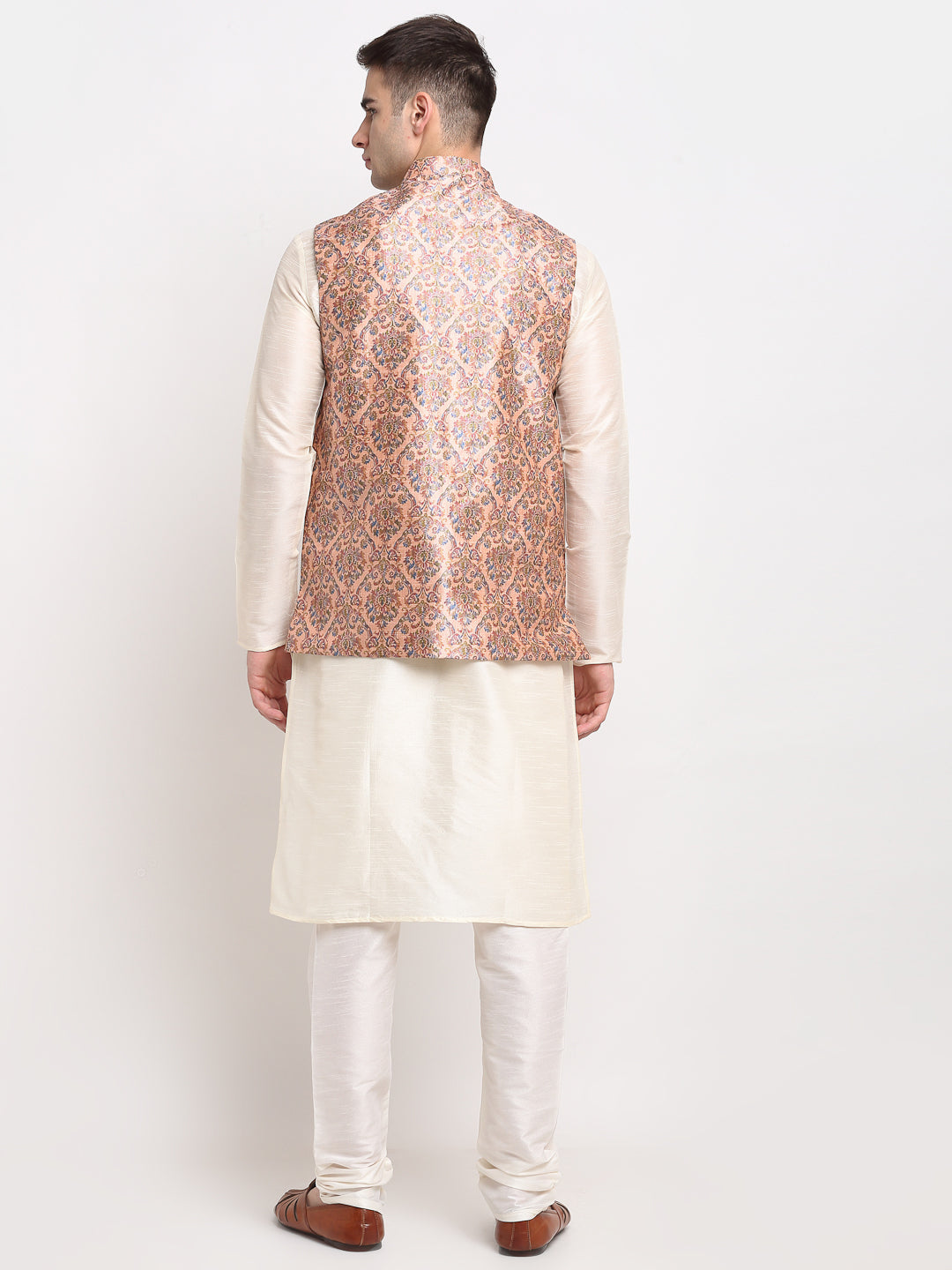 Jompers Men's Off-white Dupion Silk Kurta with Churidar & Nehru Jacket (Peach)