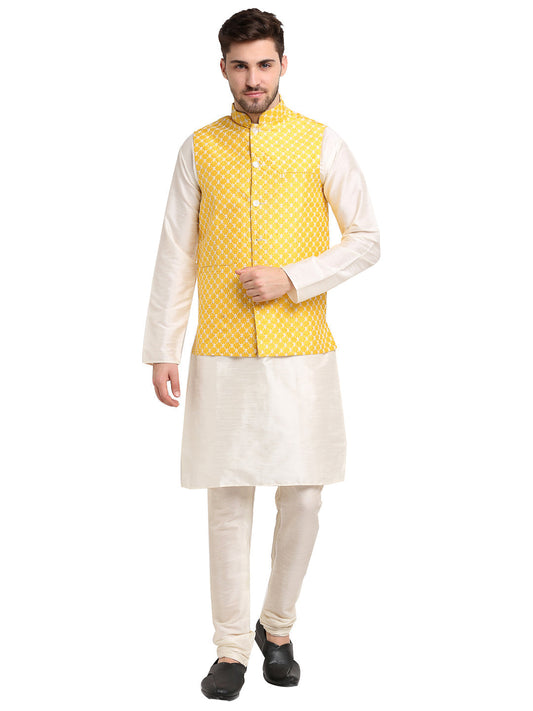 Jompers Men's Embroidered Nehru Jacket & Kurta Pyjama ( Mustard )