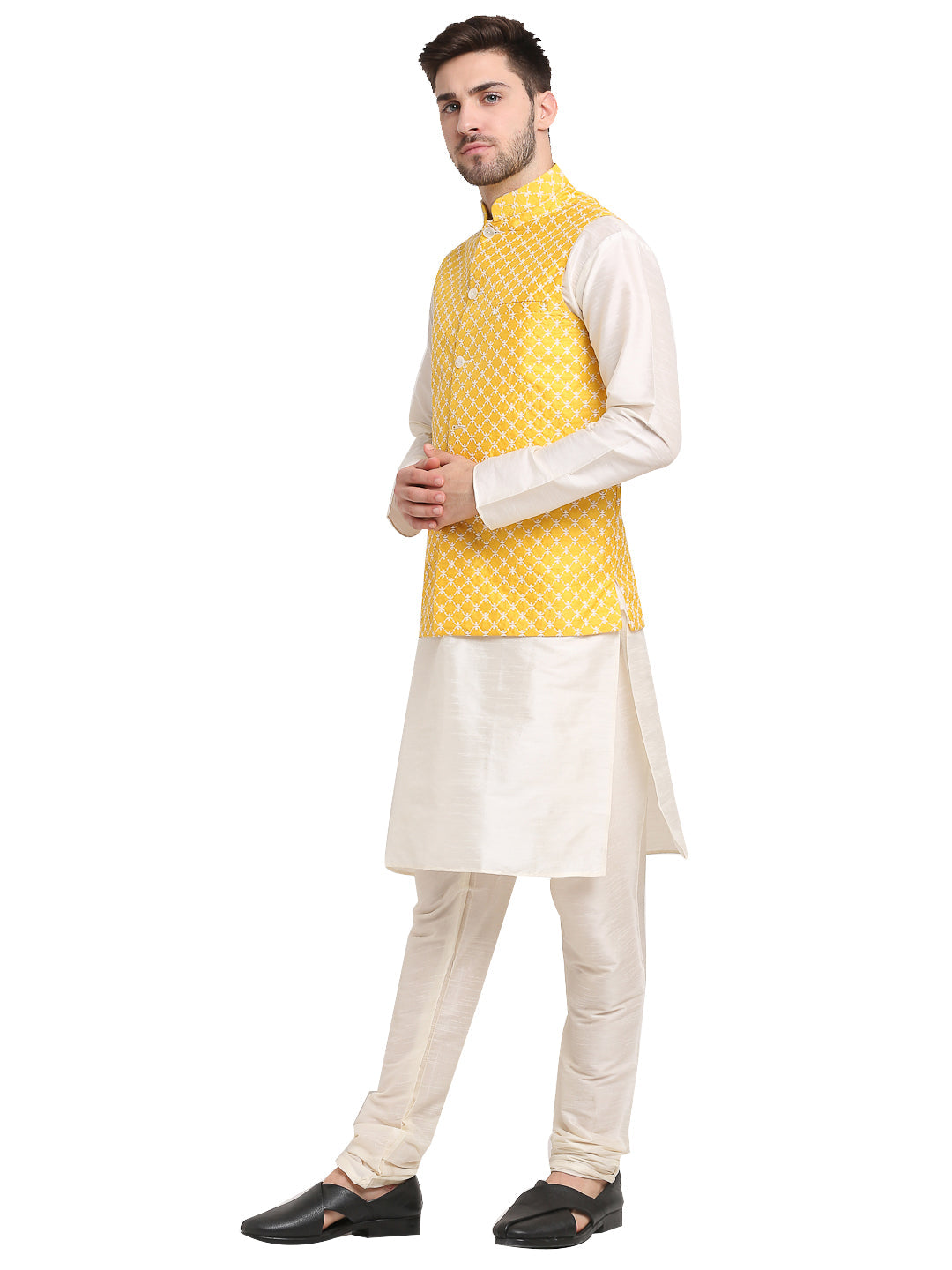 Jompers Men's Embroidered Nehru Jacket & Kurta Pyjama ( Mustard )
