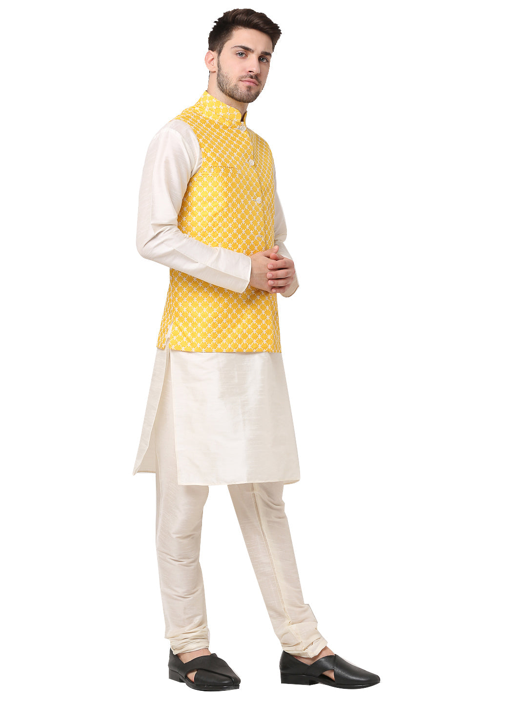 Jompers Men's Embroidered Nehru Jacket & Kurta Pyjama ( Mustard )
