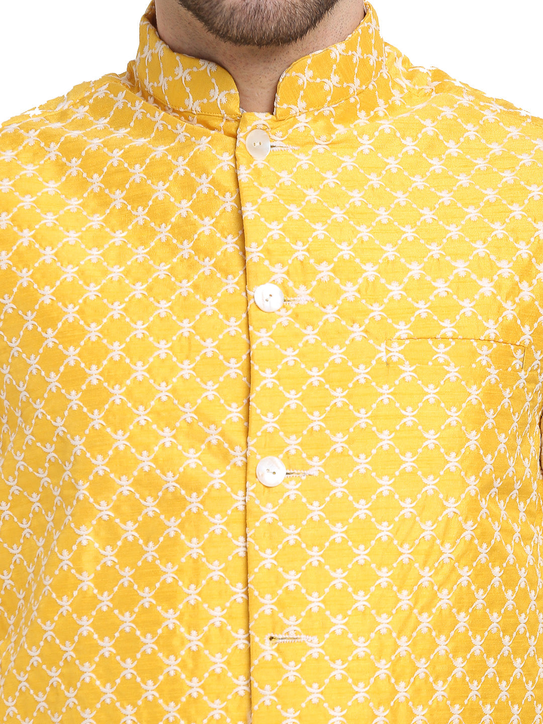Jompers Men's Embroidered Nehru Jacket & Kurta Pyjama ( Mustard )