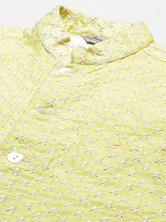 Jompers Men's Embroidered Nehru Jacket & Kurta Pyjama ( Yellow )