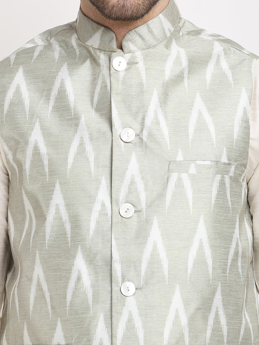 Jompers Men's Ikat Print Nehru Jacket & Kurta Pyjama ( Grey )