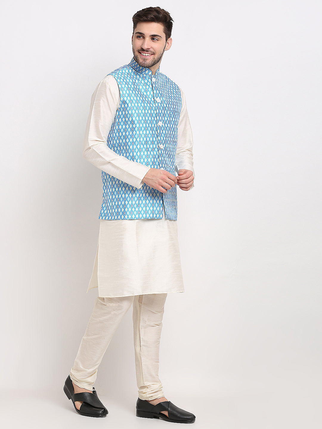Jompers Men's Ikat Print Nehru Jacket & Kurta Pyjama