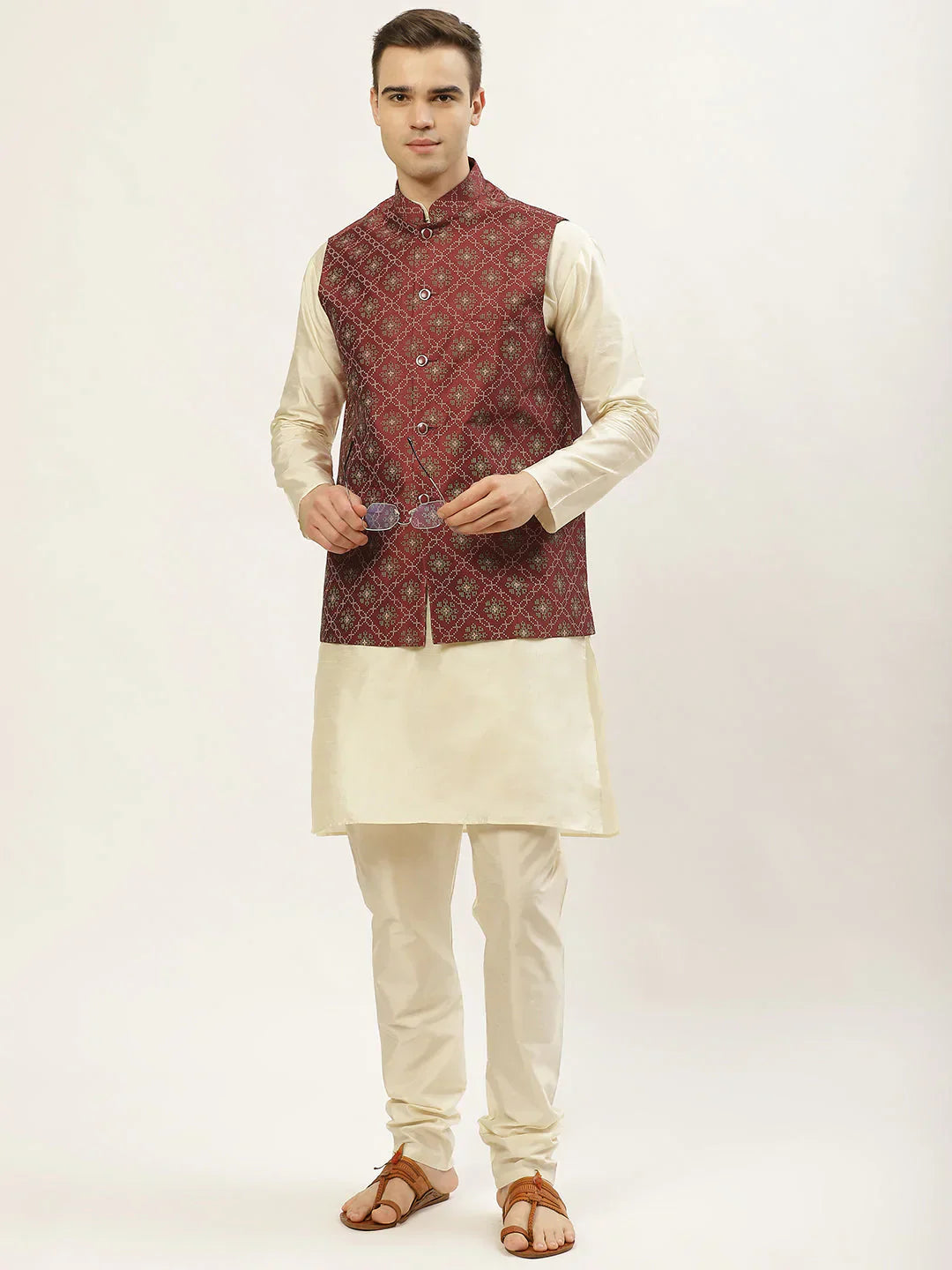 Jompers Men's Printed Nehru Jacket and Kurta Pyjama Set - Maroon