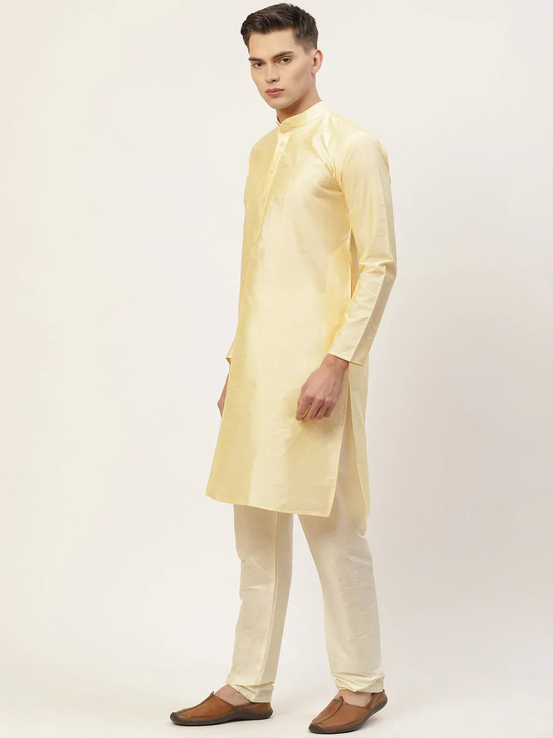 Jompers Men's Solid Kurta Pyjama With Floral Mustard Printed Nehru Jacket