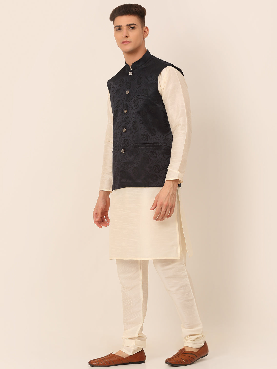 Jompers Men's Solid Kurta Pyjama With Floral Embroidered Nehru Jacket - Navy Blue