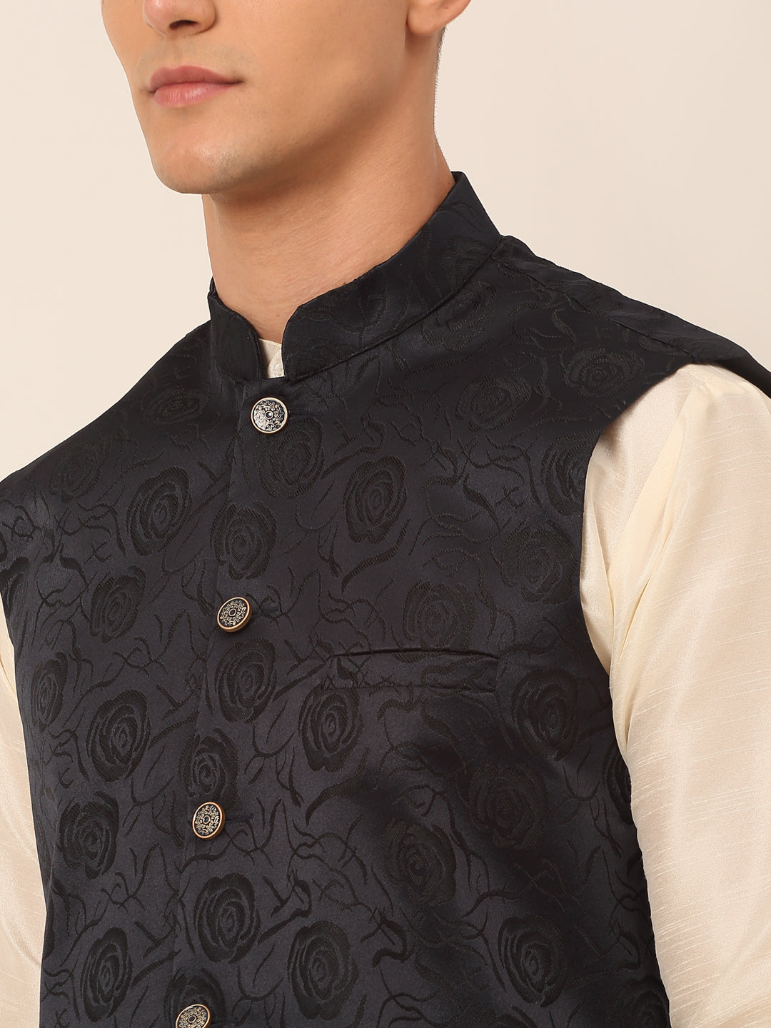 Jompers Men's Solid Kurta Pyjama With Floral Embroidered Nehru Jacket - Navy Blue
