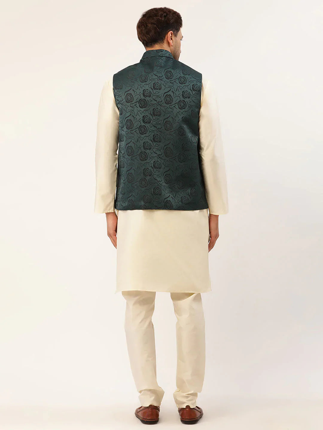 Jompers Men's Solid Kurta Pyjama With Teal Floral Embroidered Nehru Jacket