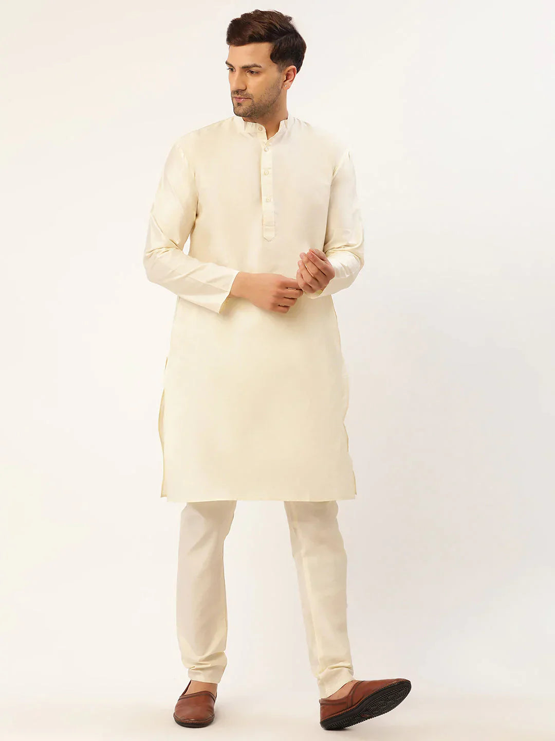 Jompers Men's Solid Kurta Pyjama With Teal Floral Embroidered Nehru Jacket