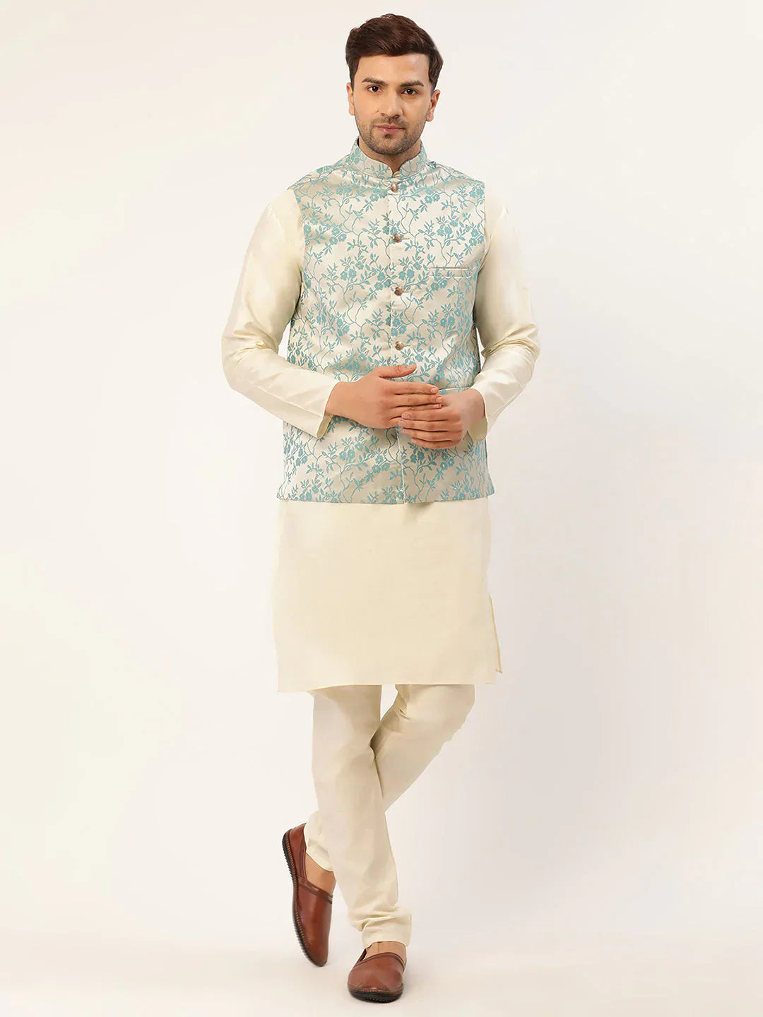 Jompers Men's Solid Kurta Pyjama With Blue Floral Embroidered Nehru Jacket