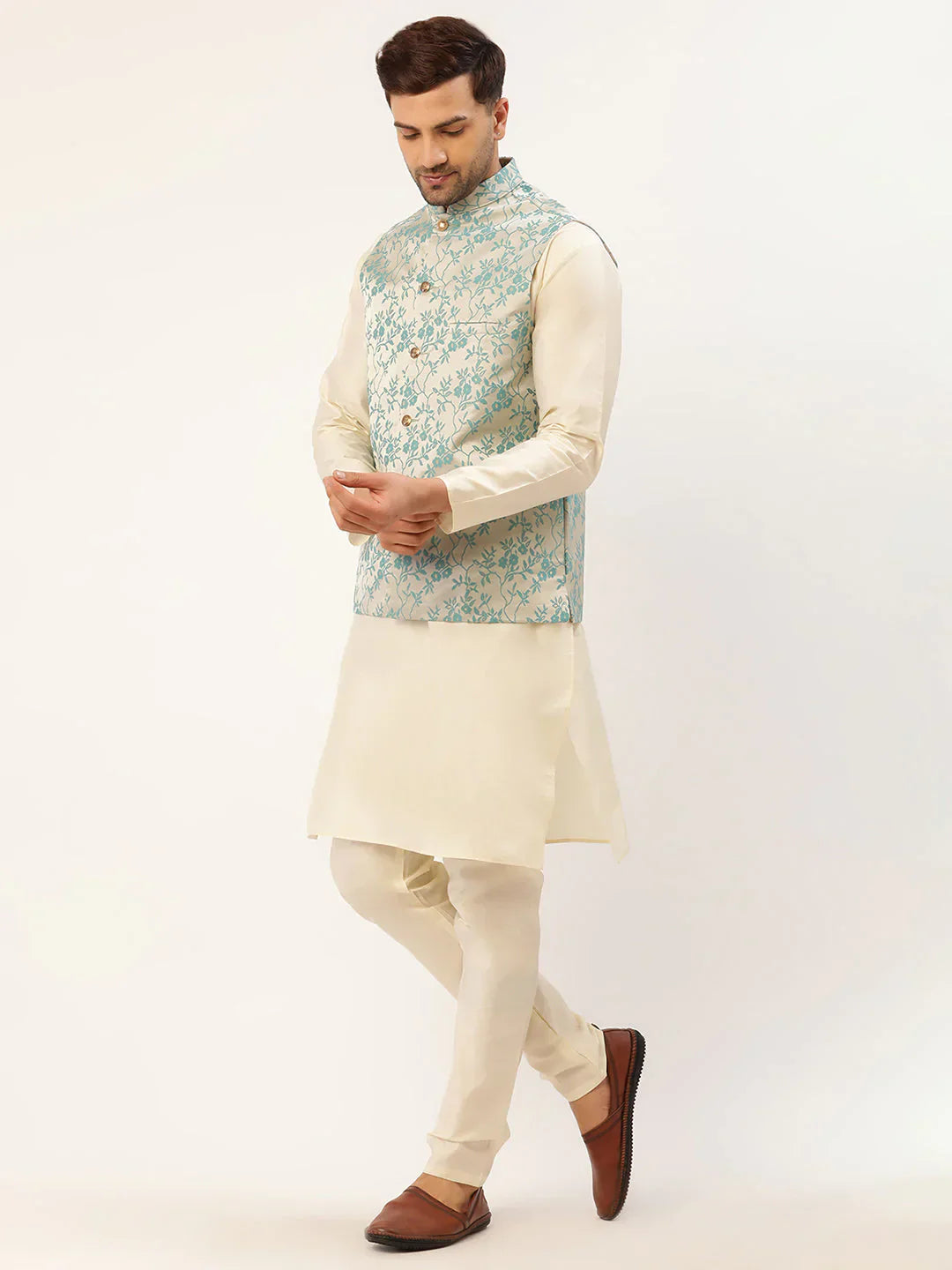 Jompers Men's Solid Kurta Pyjama With Blue Floral Embroidered Nehru Jacket