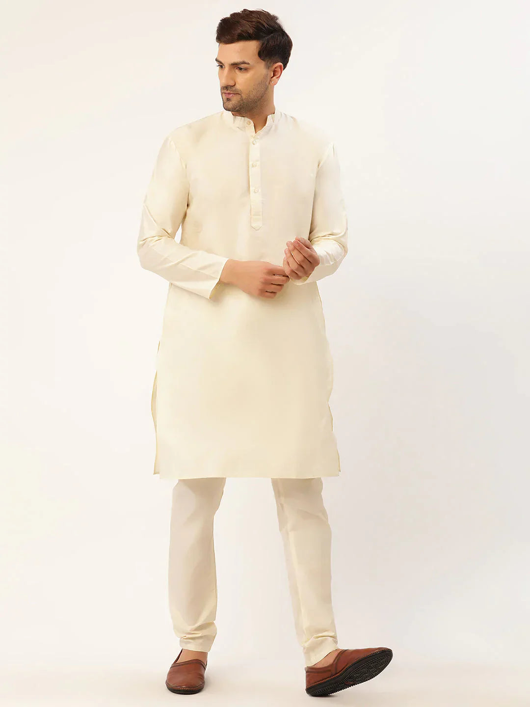 Jompers Men's Solid Kurta Pyjama With Blue Floral Embroidered Nehru Jacket