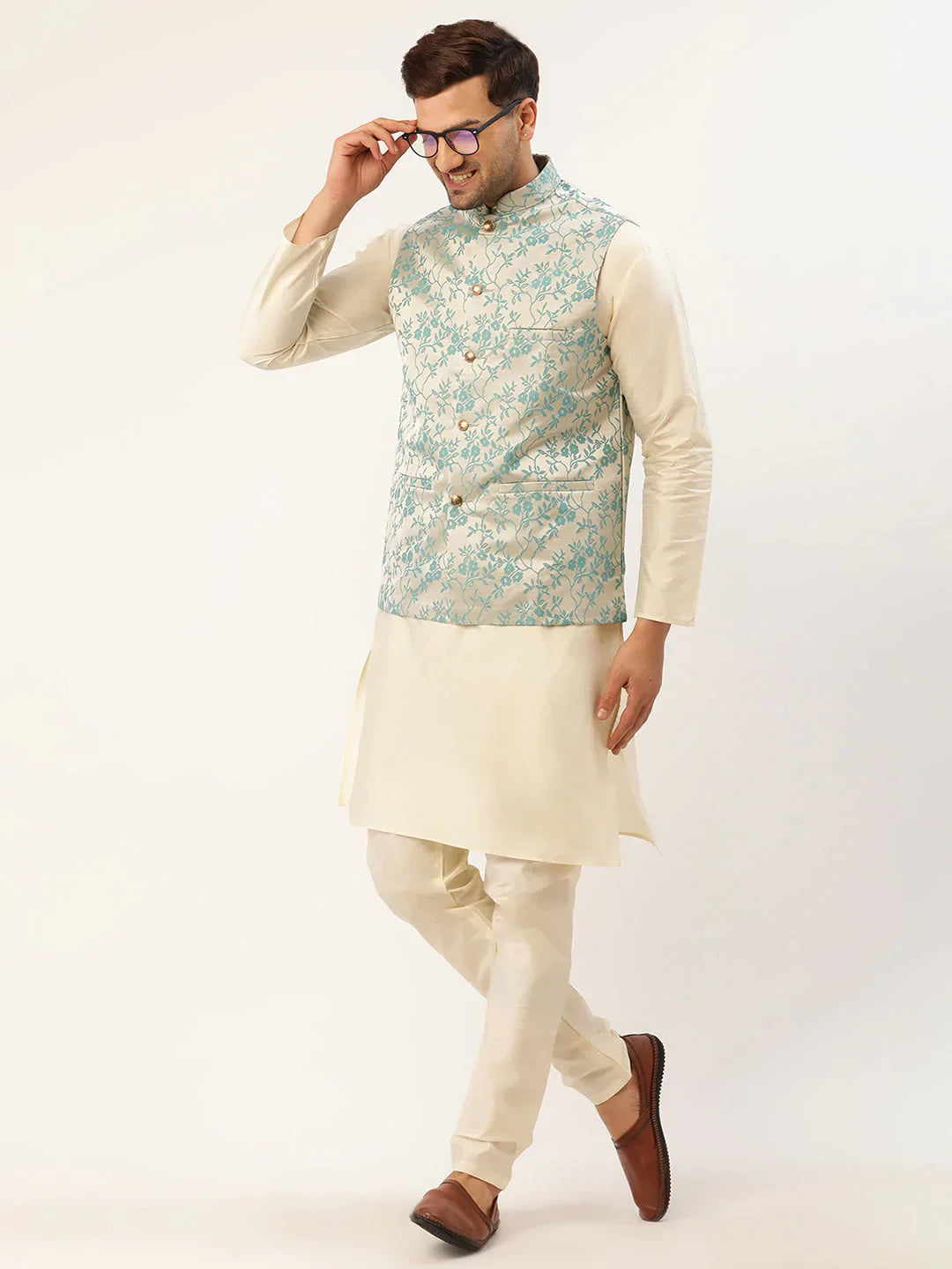 Jompers Men's Solid Kurta Pyjama With Blue Floral Embroidered Nehru Jacket