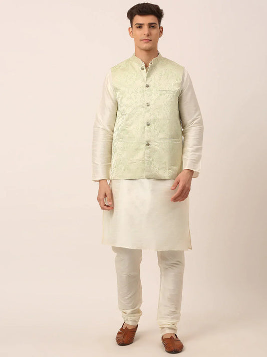 Jompers Men's Solid Kurta Pyjama With Pista Green Floral Embroidered Nehru Jacket