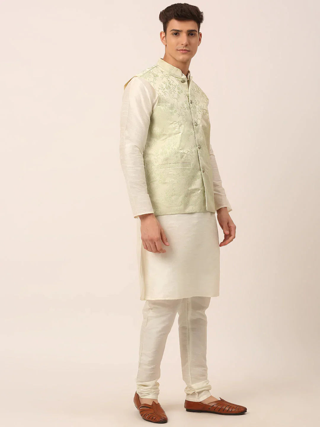 Jompers Men's Solid Kurta Pyjama With Pista Green Floral Embroidered Nehru Jacket