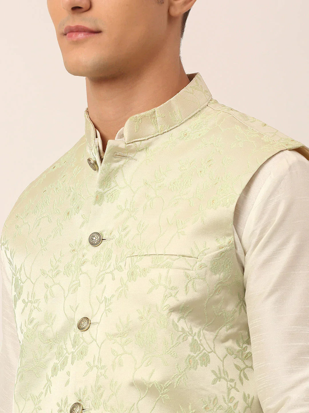 Jompers Men's Solid Kurta Pyjama With Pista Green Floral Embroidered Nehru Jacket