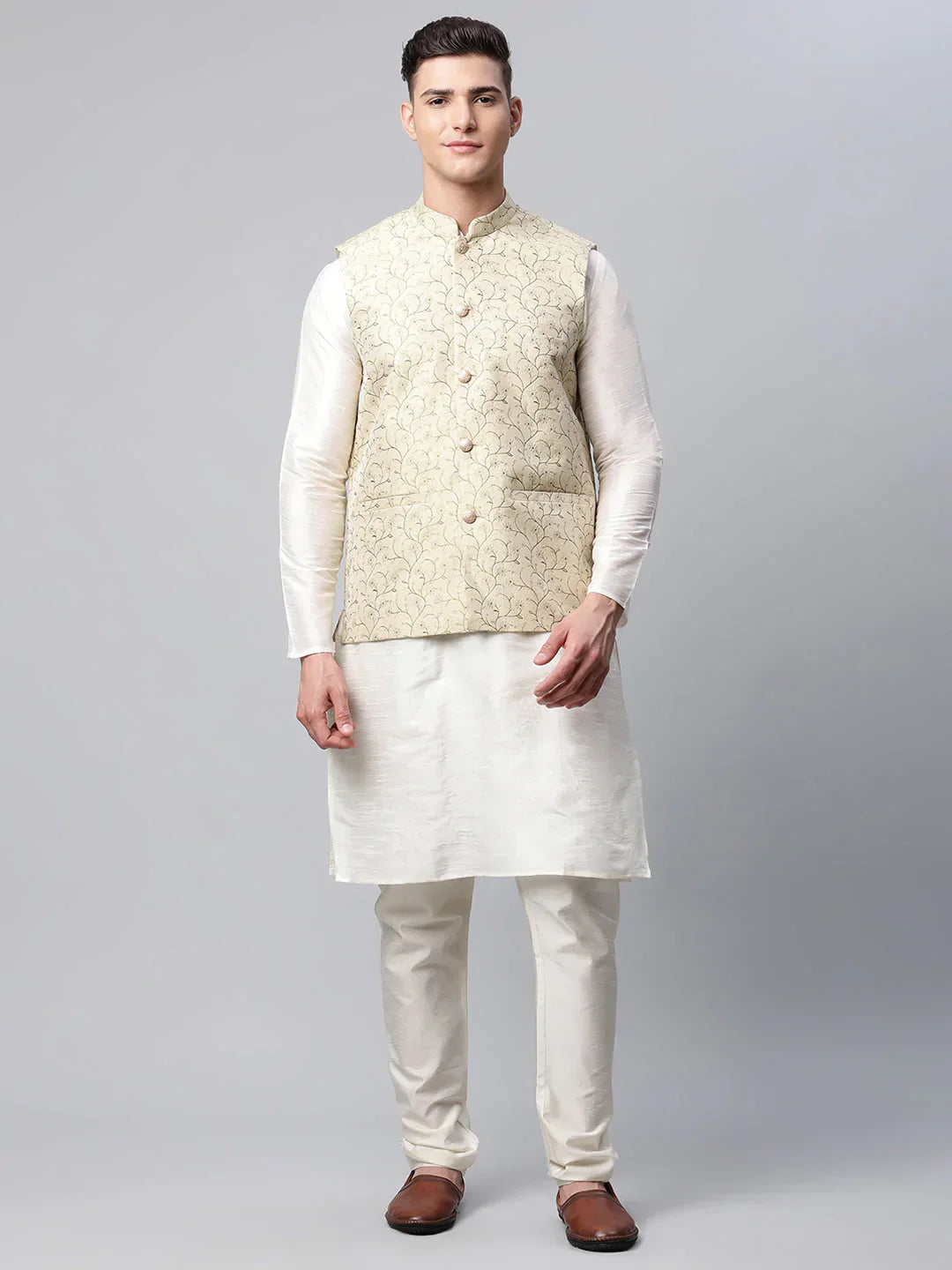 Jompers Men's Dupion Silk Kurta Pyjama With Beige Printed Nehru Jacket