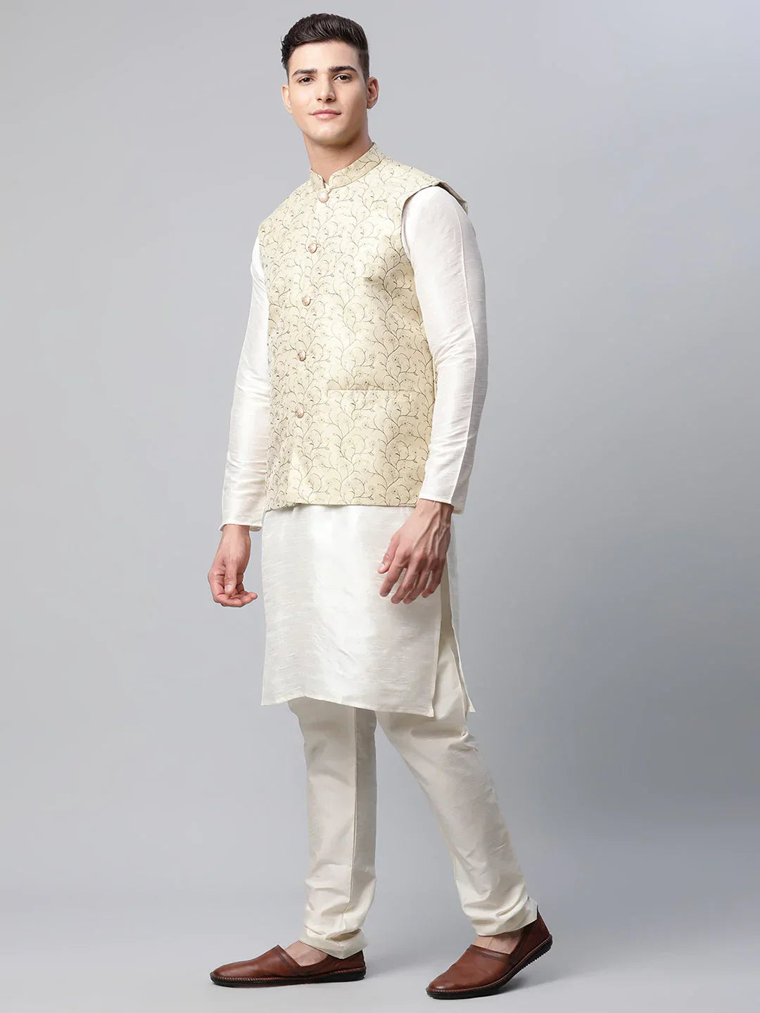 Jompers Men's Dupion Silk Kurta Pyjama With Beige Printed Nehru Jacket