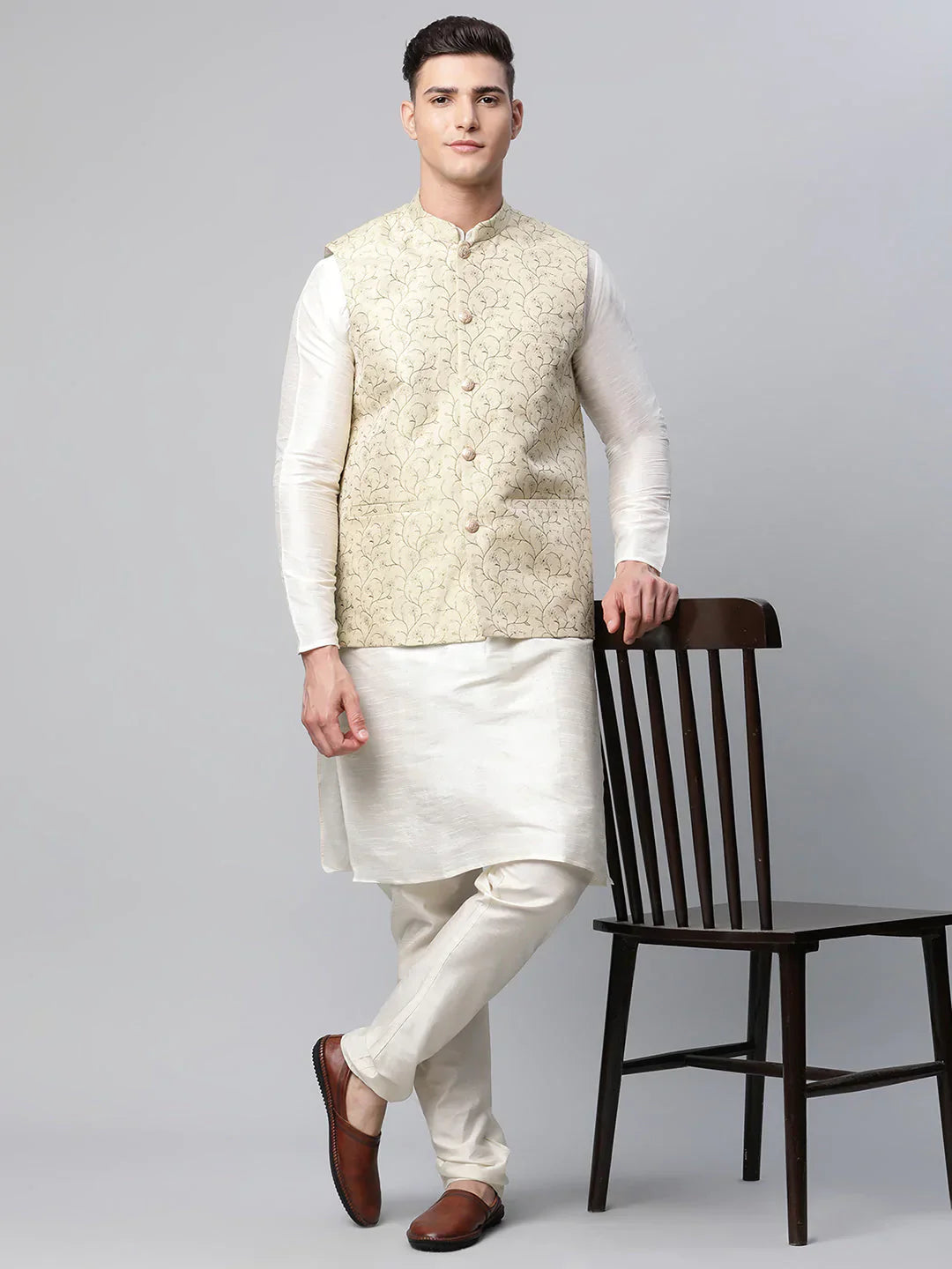 Jompers Men's Dupion Silk Kurta Pyjama With Beige Printed Nehru Jacket