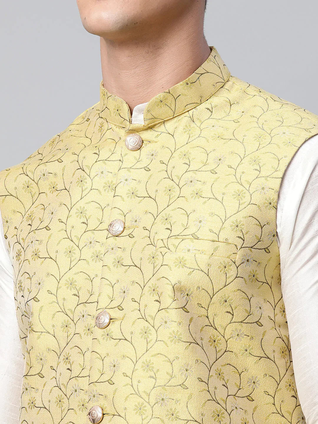 Jompers Men's Dupion Silk Kurta Pyjama With Lemon Printed Nehru Jacket