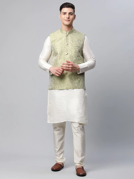 Jompers Men's Dupion Silk Kurta Pyjama With Pista Green Printed Nehru Jacket