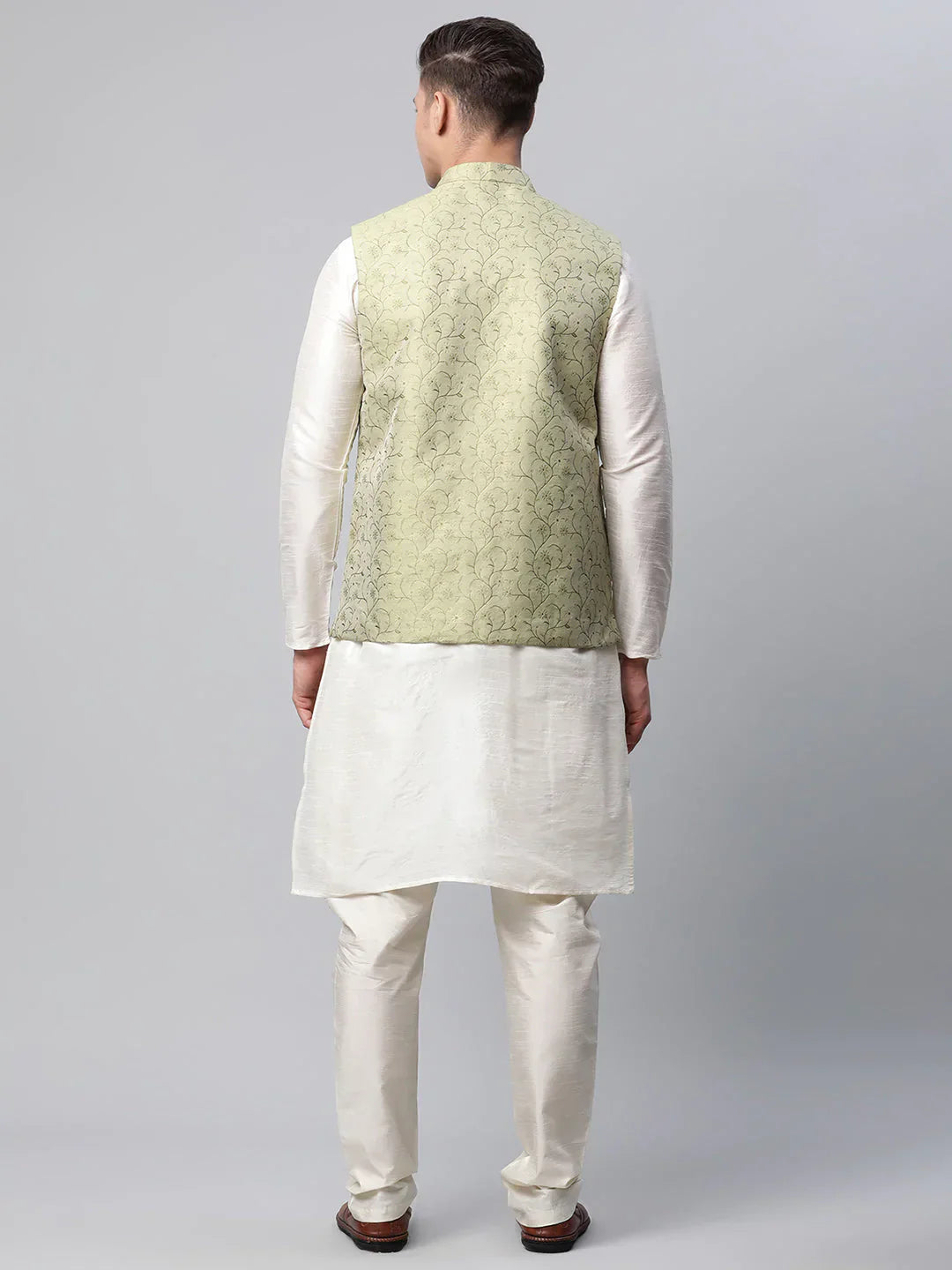 Jompers Men's Dupion Silk Kurta Pyjama With Pista Green Printed Nehru Jacket