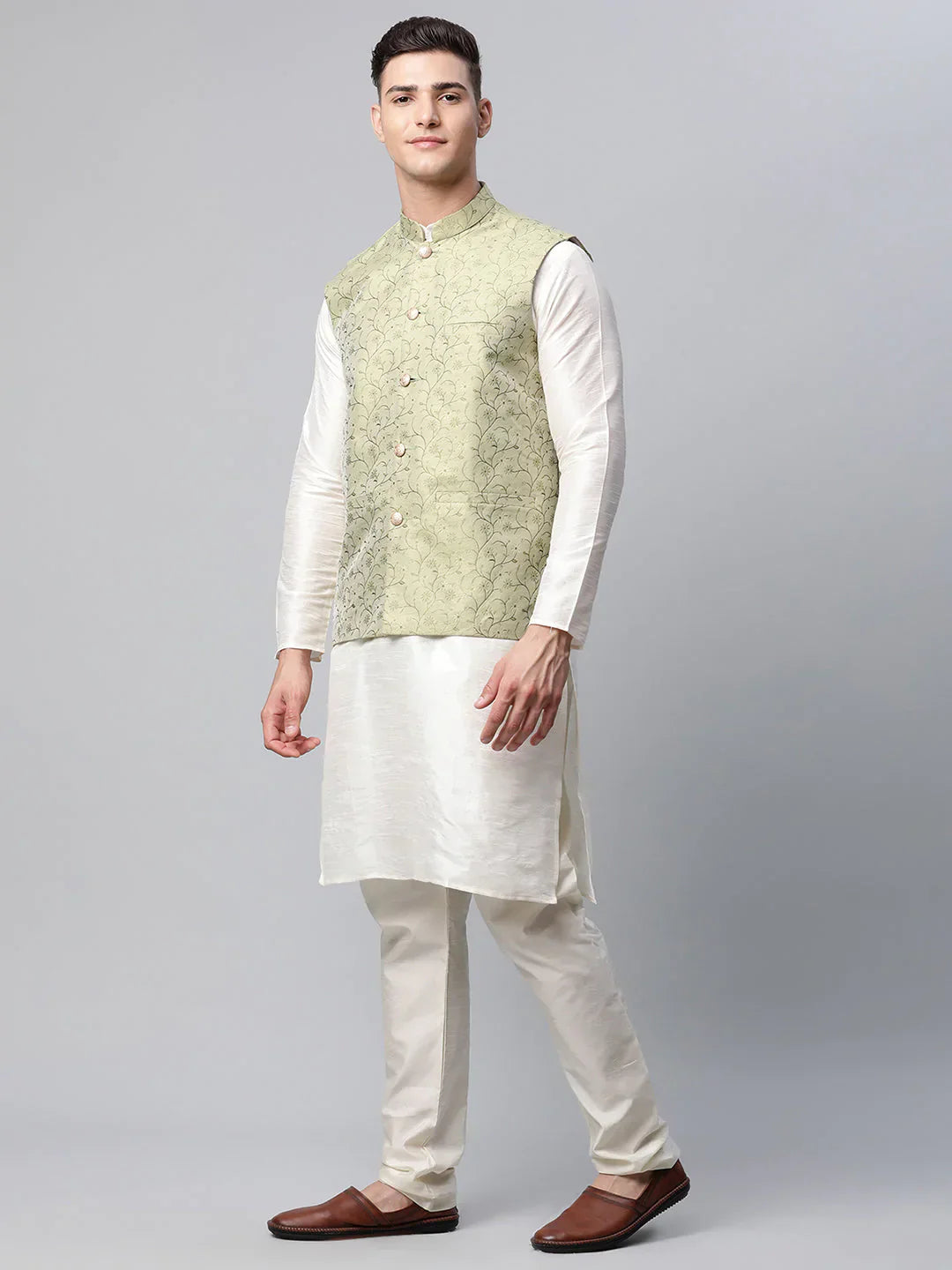 Jompers Men's Dupion Silk Kurta Pyjama With Pista Green Printed Nehru Jacket